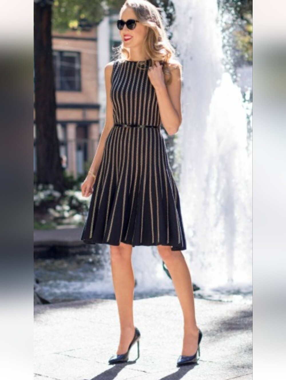 St. John Dress, Size 16, Black Knit, Metallic Gold, Tulip Skirt - Picture 10 of 12